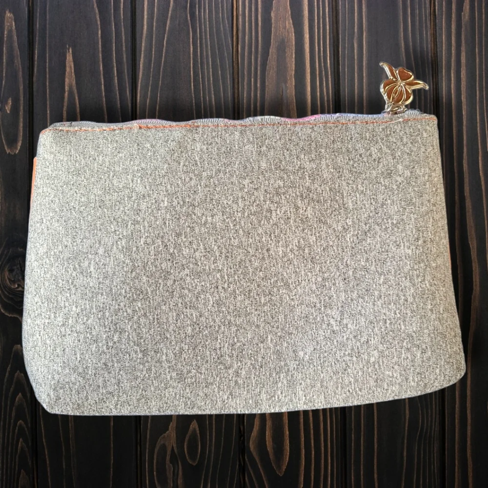 Albea Beauty Solutions Gray & Orange Rainbow Zip Charm Cosmetic Make Up Bag NWOT